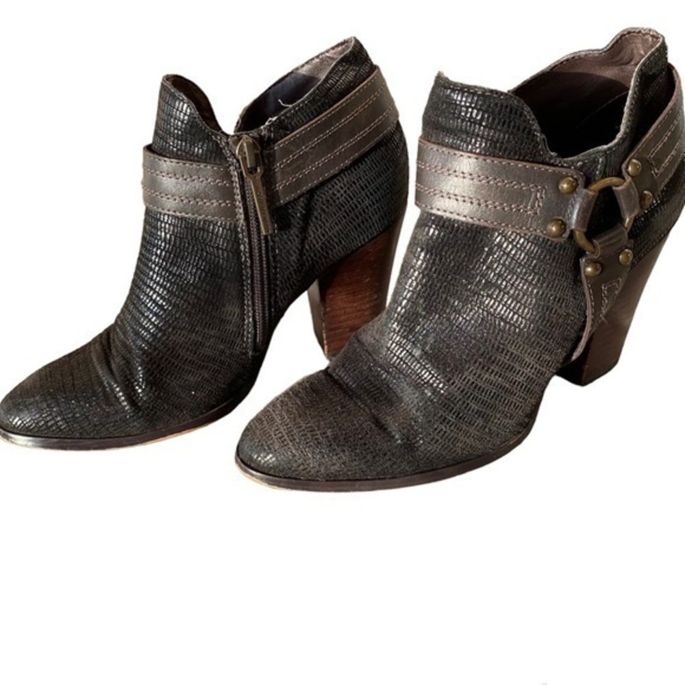 Donald J Pliner Steph Bronze Metallic Lizard Print Leather Heeled Booties